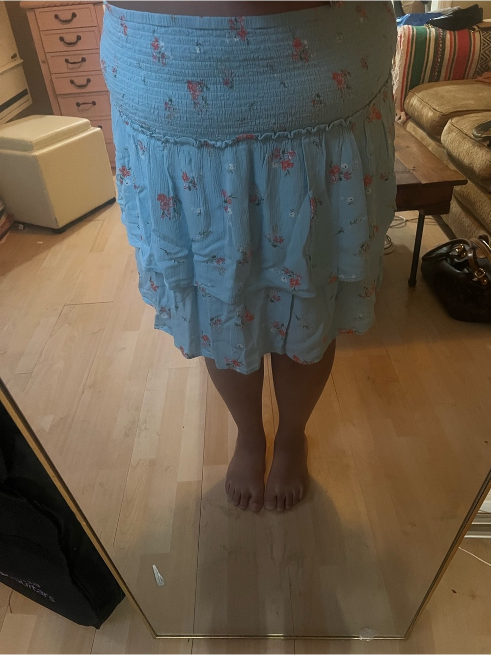 Light Blue Floral Tiered Smocked-Waist Skirt - Women's